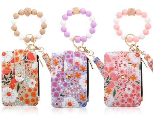 Sunnymove 3 Pcs Boho Beaded Wristlet Keychain Wallet for Women Mothers Day Gift Floral Pattern Card Holder Tassel Bracelet(Pastel Tones)