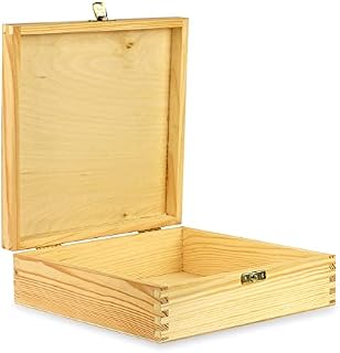 Wooden Storage Box Plain Wood Crate Solid Chest with Lid and Clasp,Gift Idea Natural Pine Wood Boxes for Craft, Jewelry Box (18 x 16 x 8 cm) Free Wood Wool