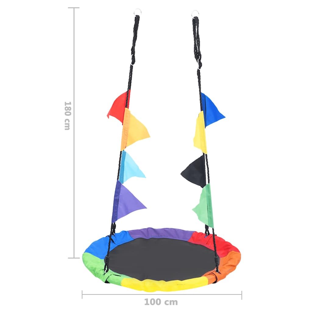 Columpio nido de 100 cm con banderas de arco iris, columpio redondo para niños con cuerdas ajustables, soporta hasta 100 kg, columpio de jardín para exteriores