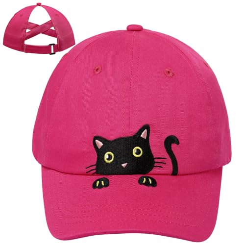 Kids Girls Cute Cat Embroidered Baseball Cap Toddler Adjustable Ponytail Hat for Cat Lover Gifts, 3-8 Years