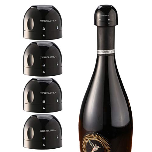 DERGUAM 4 Packs 100% Leakproof Champagne Stoppers Champagne Cork Champagne Saver Champagne Bottle Stoppers to Keep Champagne Fresh Perfect for Champagne, Cava, Prosecco & Sparkling Wine, Black