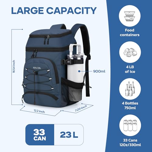 Image of RealCool 33 Can Insulated Soft Cooler Backpack, Leakproof Lunch Ice Bag | PEVA liner,16-Hour cold,Multi-Compartment, Breathable Shoulder and Back,Perfect for men,women,camping /beach /picnic /travel