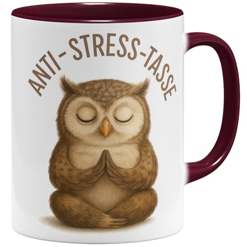 OM3 Tasse à café chouette anti-stress avec inscription en allemand - Tasse en céramique amusante - Motif Namaste - Position de méditation - Tasse en céramique - 325...