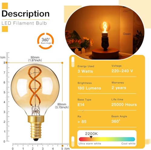 Genixgreen Vintage E14 LED Filament Bulbs Dimmable Small Edison Screw Bulb SES Decorative Golf Ball Light Bulbs,25W Incandescent Equivalent 3W,2200K Warm White,Amber Glass,6 Pack - Image 2