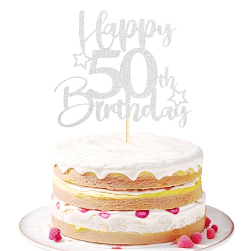Sotpot 1 Pack 50th Birthday Cake Topper, Double‑Sided Silver Glitter with Star Pattern, Cake Decoration for 50th Birthday Party Supplies