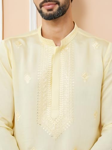 Image of See Designs Men's Long Sleeve Mandarin Collar Side Slit Off-White Embroidered Chanderi Silk Straight Kurta