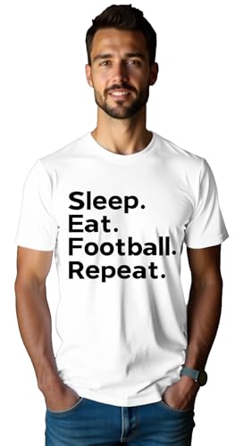 Qskall Maglietta da calcio da uomo per amanti dello sport, maglietta Sleep Eat Football Repeat Tee Top, bianco, S