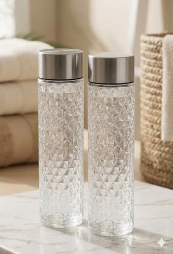 Image of Diamond Cut Glass Water Bottles with Stainless Steel Lid, Clear, Set of 6, 750ml, BPA-Free, for Kids' School, Lab Weighing, Gym, Home, Office