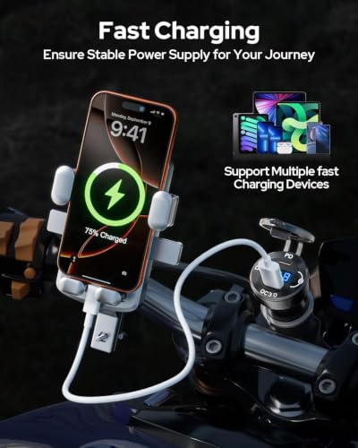 Image of Motorcycle USB Charger, Waterproof 18W QC3.0 & 30W PD3.0 DIN Plug to USB Adapter with On-Off Switch & Voltmeter, Aluminum Phone Charger for 12V /24V BMW Ducati Triumph