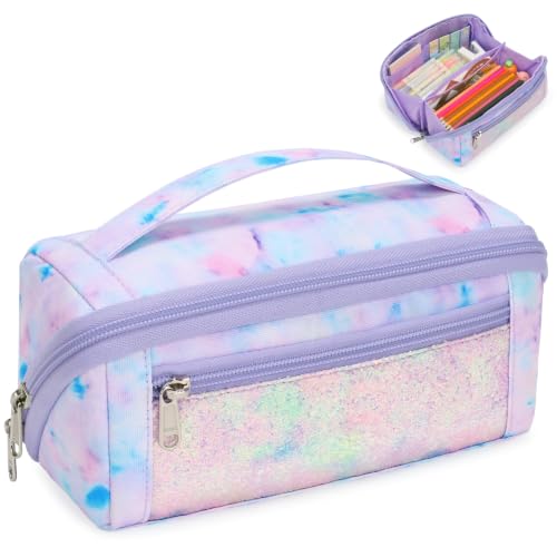 Image of Large Pencil Case for Girls, Aesthetic Pencil Pouch for School, Wide Opening Organizer Box with Handle, Fits 50 Pens & Markers (Glitter Purple Tie-Die)