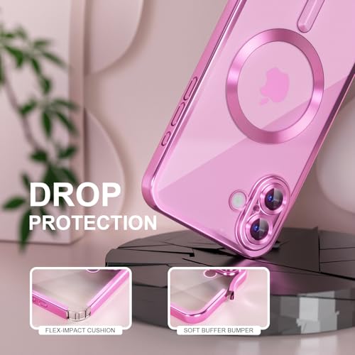 Image of Misea Magnetic for iPhone 16 Plus Case Compatible with MagSafe Hot Pink | [Never Yellowing] [Military Drop Protection] Full Camera Lens Protector Plating Soft Clear Phone Case for Women, Hot Pink