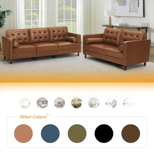Image of 67 Inches Modern Faux Leather 2-Seat Sofa w /2 Bolster Pillows & Tufted Backrest, Mid-Century Couch, Premium 2 Seaters Sofa for Living Room, Bedroom, Office, Brown