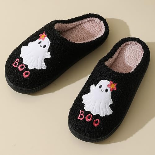 Halloween Slippers For Women 2025,Womens Mens Retro Memory Foam Plush Fluffy Warm Ghost Fuzzy Slipper Holiday Slip-on Indoor Outdoor House Shoes4