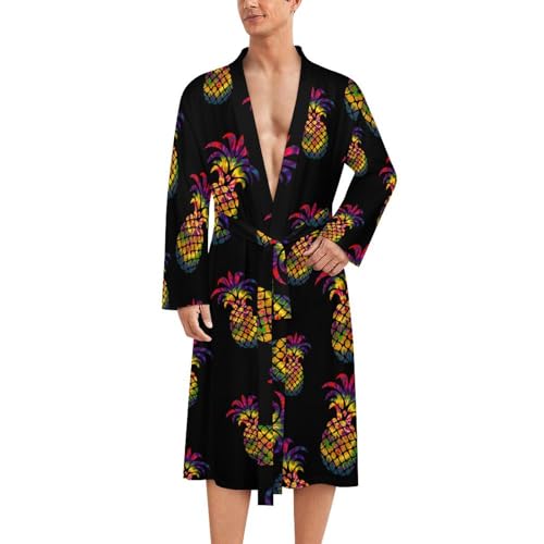 Rainbow Tie Dye Pineapple Mens Robe Soft Lightweight Knee Length Loungewear Spa Bathrobe Long Sleeved Nightgown