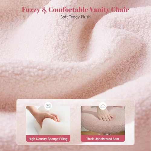 Image of DurayLoly Vanity Chair with Open Back & Wheels,Armless,Pink | Armless,Silent Wheels, Height Adjustable, Soft Teddy Fabric, 360 Swivel for Bedroom Vanity & Home Office, Candy Pink