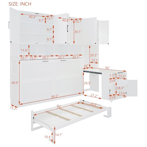 Twin Size Murphy Bed, Wooden Twin Wall Bed Frame with Closet,…