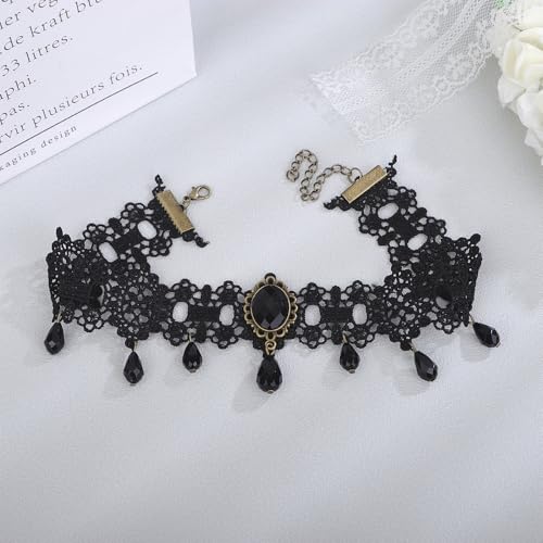 Kercisbeauty Black Lace Choker Gothic Necklace with Crystal for Women Halloween Party Custume Vintage Thick Choker4