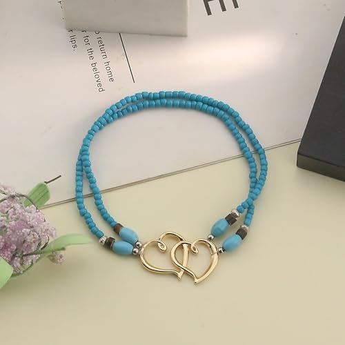 Image of Elastic Beaded Ankle Bracelets for Women Double Heart Layered Stretch Ankle Bracelets Waterproof Dainty Boho Beaded Anklets for Summer Beach Foot Jewelry