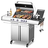R.W.FLAME 4 Burner Gas Grill, 42,000 BTU Propane Grill, Outdoor Grills with Side Burner, Outdoor Barbecues with Stainless Steel Mesh and Plates, for Camping, Backyard, Patio and Deck
