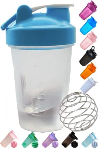 Shaker Bottle A Small Clear Cup w. Blue Lid,12Oz/400ml Measurement Marks & Stainless Whisk Blender Mixer Ball,BPA Free,Made of PP5,Perfect for Nutrition/Protein/Keto/Juice Powder Shaking