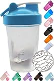 Shaker Bottle A Small Clear Cup w. Blue Lid,12Oz/400ml Measurement Marks & Stainless Whisk Blender M