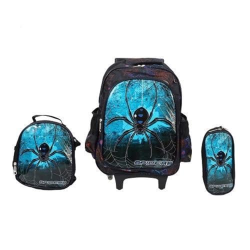 Kit Mochila Lancheira e Estojo Escolar Infantil Estampada com Alça, Ziper e Rodinha (2 Rodinhas, Azul)
