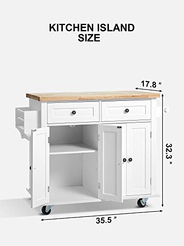 Kealive Kitchen Island on Wheels, Rolling Kitchen Island Cart with Cabinet and Lockable Castors, 2 Drawers and Spice Rack Towel Rack Rubber Wood Countertop, White, 35.5in x 17.8in x 32.3in