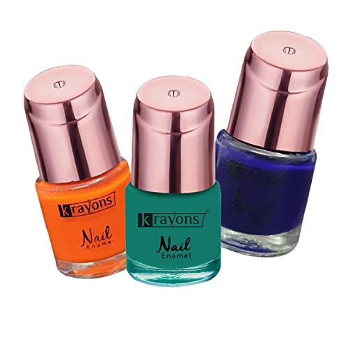 Image of Krayons Crazy Gel Nail Enamel, Waterproof, Longlasting, 8ml Each, Multicolor, Pack of 3 (Neon Orange, Deep Blue, Diamond Green)