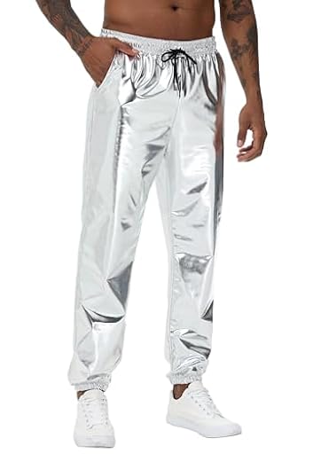 NewL Pantalones Deportivos para Hombre, Color Plateado Brillante, metálico, Hip Hop, Discoteca, Fiesta, Festival, graduación, Ropa de Calle, Plata Maciza, L | Ya disponible en tu tienda friki favorita! En mundofriki.es!
