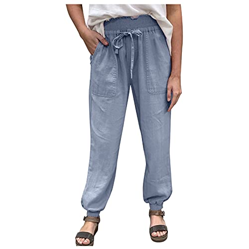 Dasongff Femmes Sarouel Coton Lin Grande Taille Couleur Unie Casual Pantalon Cordon de Serrage, Femme Harem Pantalon Sarouel Legers Hippie Baggy Léger Taille Haute avec Poches Été Plage