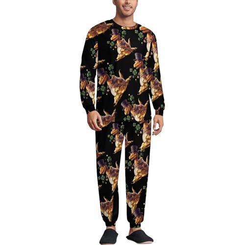 St-Patricks Day Dinosaur Mens Pajamas Set Long Sleeve Sleepwear Pjs Set Shirts And Bottoms Sleep Sets Loungwear