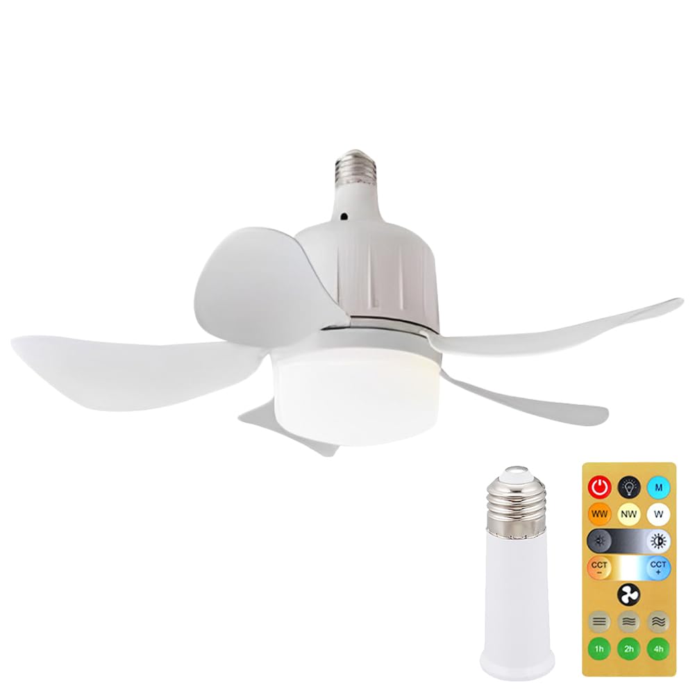 HTU Indoor Ceiling Fan Light E27 Base Remote Control Light Bulb Fan with Socket 3 Colors Dimmable Small Ceiling Fan Light 3 Speeds 17.7 Inch for Bedroom Living Room Balcony