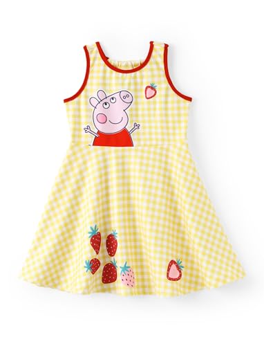 Peppa Pig Dress Girls Sundress Sleeveless Strawberry Print Summer Casual Dresses Yellow for Birthday Party Toddler Girl Size 4-5 Years