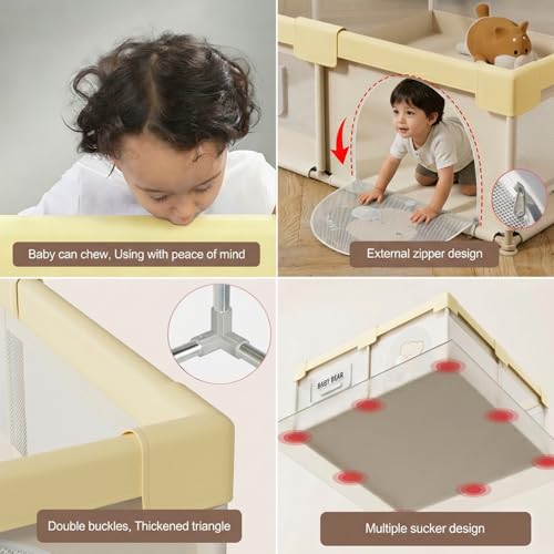 Image of Playpen for Baby up to 4 Years Playards with Pit Balls and Anti-Fall Grasp Rings, Kids Activity Center with Safety Lock & Small Storage Bag (No Mat, Non-Foldable) (150x180cm Yellow)