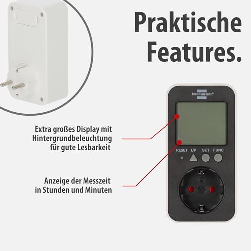 Brennenstuhl Ecolor Energiemessgerät ECL EM-2 (Strommessgerät/Stromzähler Steckdose mit erhöhtem Berührungsschutz, Energiekostenmessgerät mit 2 individuell einstellbaren Stromtarifen)