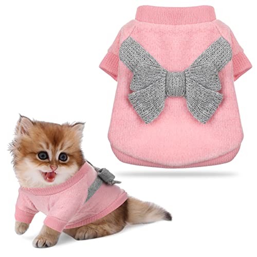 Suéter Cálido Lindo de Gatos Prendas de Punto con Lazo de Mascotas Ropa de Invierno de Perros Pequeños Abrigos de Cachorros Jersey de Gatos para Chihuahua Yorkshire Navidad (Rosa, Gris)