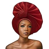 QliHut Nigerian Headtie African Head Wraps Aso Oke Gele Already Made Handmade African Turban Cap For Party (Red)