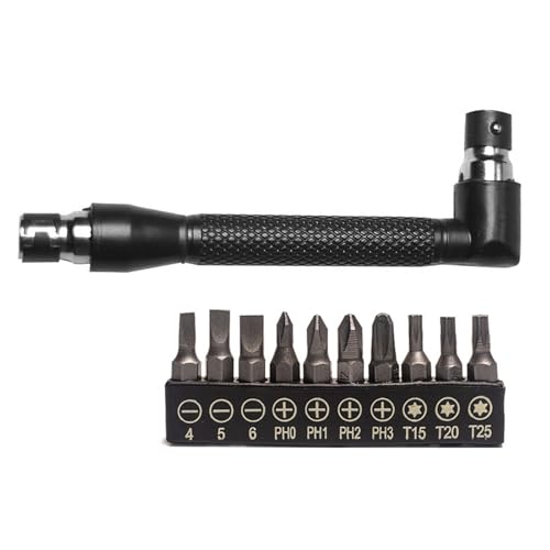 YPREWY Llave de vaso de 1/4 de 90 grados, llave de mango de doble cabeza con 10 piezas de diferentes puntas de destornillador, juego de herramientas de puntas de destornillador