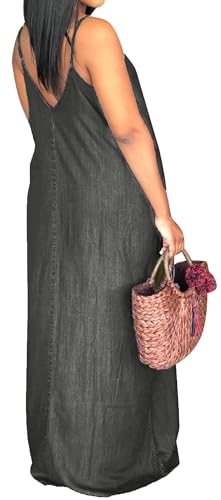 Image of SeNight Women's Maxi Denim Dress Spaghetti Strap with Pockets | Maxi Denim Dress Spaghetti Strap Loose Fit Summer Beach Long Dress with Pockets