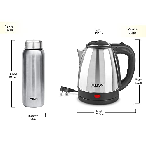 Image of Milton Go Electro Stainless Steel Electric Kettle 2000 + Aqua 750 Thermosteel Bottle, Super Fast Boiling with 3X Protection Kettle-Overheat, Dry Boil Protection, Leak Proof, Vacuum Insulated, Silver