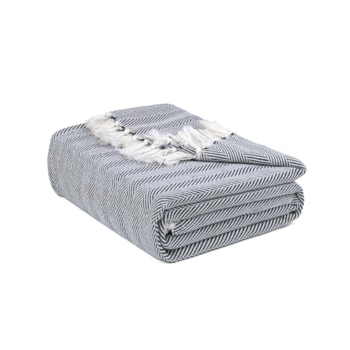 Image of EHC Herringbone Throw, Handwoven Cotton Throws for Sofas Bed Sofa Settee Couch Reversible Bed Cover Over Blanket, Single 127 x 152 cm, Grey