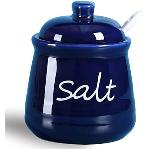 ONTUBE Ceramic Salt Bowl with Lid and Spoon 12oz White (Navy) Cover