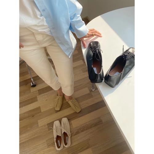 Ballet Flats for Women Leather Ballerina Shoes Square Toe Mules Lace Up Comfy Soft Cushioned Insole Stylish Casual Work4