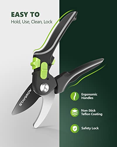Staygrow 8.5" Bypass Pruning Shears, Aluminum Alloy Construction Garden Shears, Sk5 Carbon Steels Blades With Non-Stick Teflon Coating, Adjustable Opening Cuts Up To 3/4" (20Mm) #TOP4