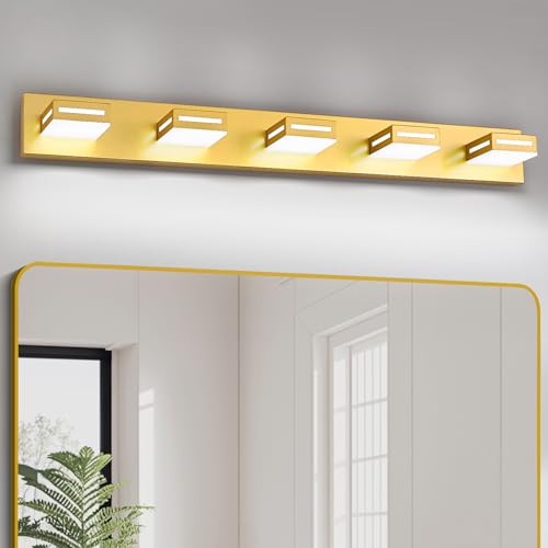 Image of LED Modern Bathroom Light Fixtures, 5-Light 40-Inch Gold Vanity Lights for Bathroom Lighting Fixtures Over Mirror, 6000K Cool White 350 Rotatable Wall Lamp