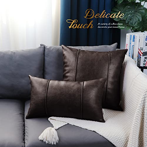 Image of BRAWARM Coffee Leather Throw Pillow Covers 20 X 20 Inches - Faux Leather Pillow Cover with Piping, Hand Stitched Leather Throw Pillow for Couch Sofa Bed Living Room Home Decorative