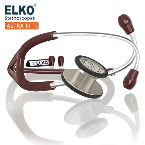 Image of ELKO EL-240 ASTRA III Ti Titanium dual head acoustic stethoscope | Adult & Pediatric Stethoscope with Double-sided Natural Titanium Chestpiece | Two-Way PVC Tubing | Doctors & Medical Students (Brown)