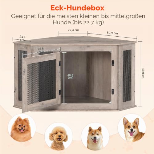 MAHANCRIS Eck Hundekäfig Möbel, Hundebox für Zuhause, im Innenbereich, 113 x 60 x 60 cm, Haustierkäfig für Kleine und Mittelgroße Hunde, Multifunktional, Vintage-Stil, Verwittertes Grau ADCHG0801