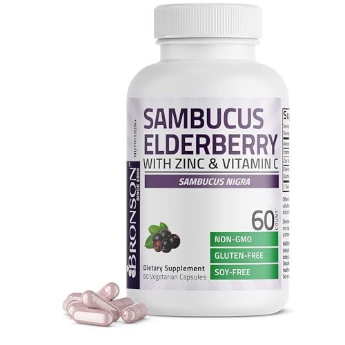 Bronson Sambucus Elderberry with Zinc & Vitamin C Triple Immune Support Complex Immune & Antioxidant Protection Non-GMO 60 Vegetarian Capsules