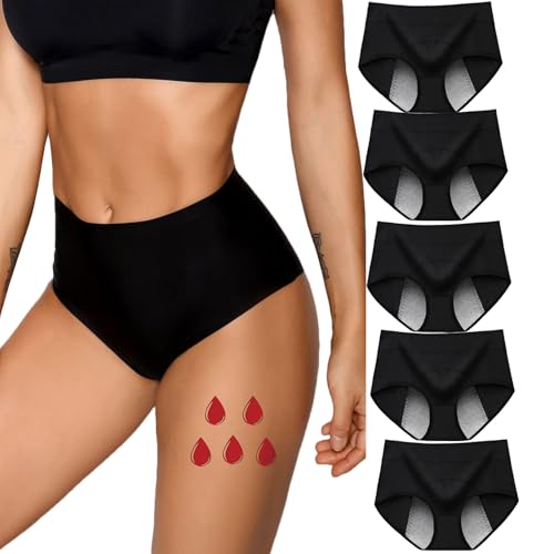 Baboies Period Pants, 5 Pcs Heavy Flow Menstrual Underwear for Women, High Waist Postpartum Knickers Panties Multipack with Leakproof Crotch for Extra Protection